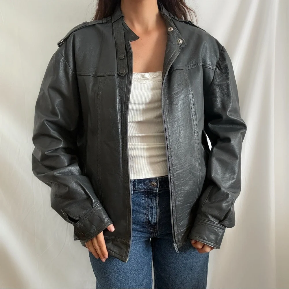 Vintage slate gray bomber leather jacket zip up mens womens moto indie biker